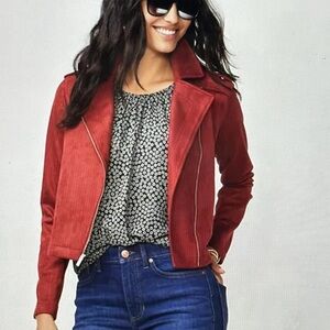 LC Lauren Conrad faux suede moto jacket in burgundy.
